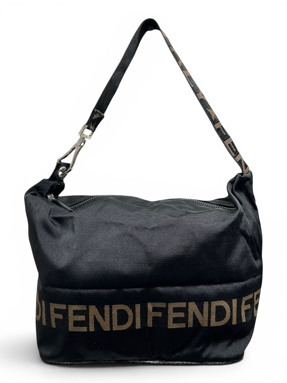 FENDI Roma Black & Tan Nylon Medium Hobo Shoulder Bag with Pochette